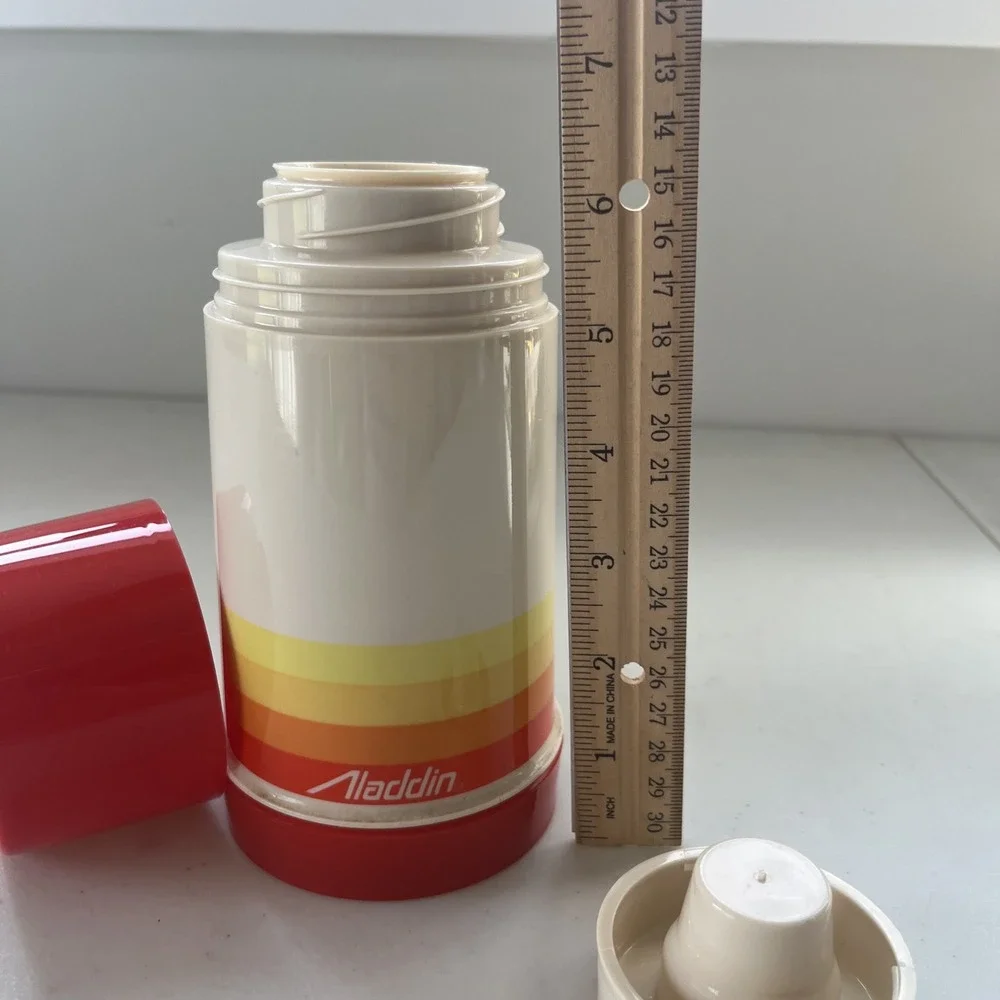 Vintage Aladdin Thermos Red Orange Yellow Complete With Stopper & Cup Half Pint